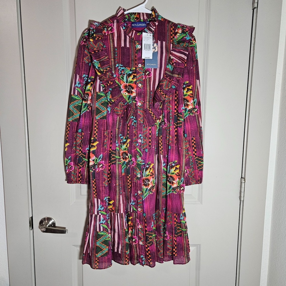 $195 NEW Ro's Garden Roma Campeche Shirt Dress XS Lined Ruffle Purple